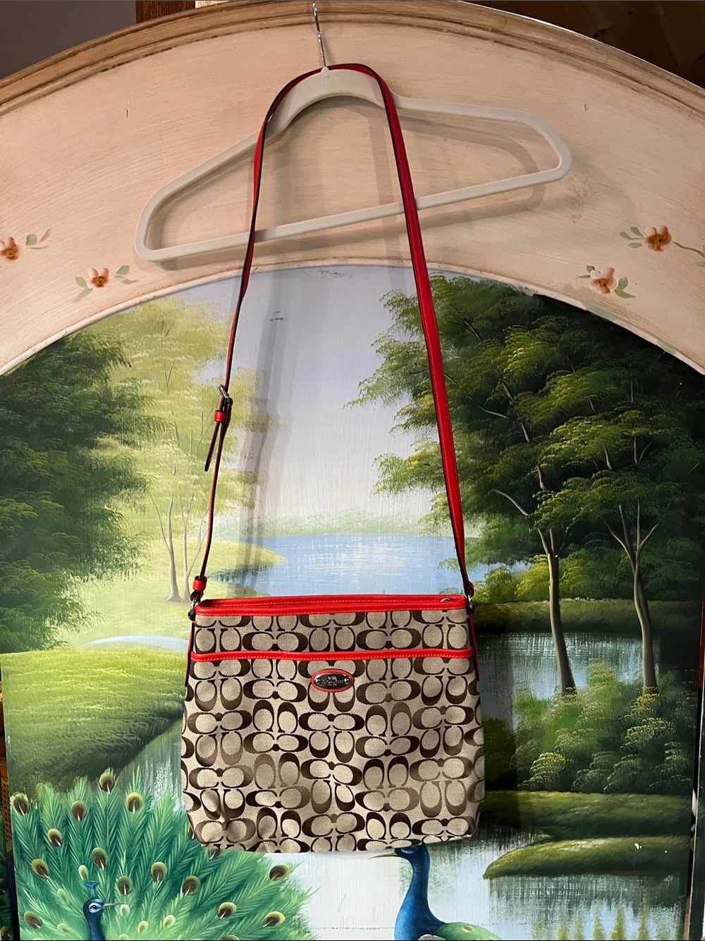 Coach Khaki Signature Crossbody with Red Trim